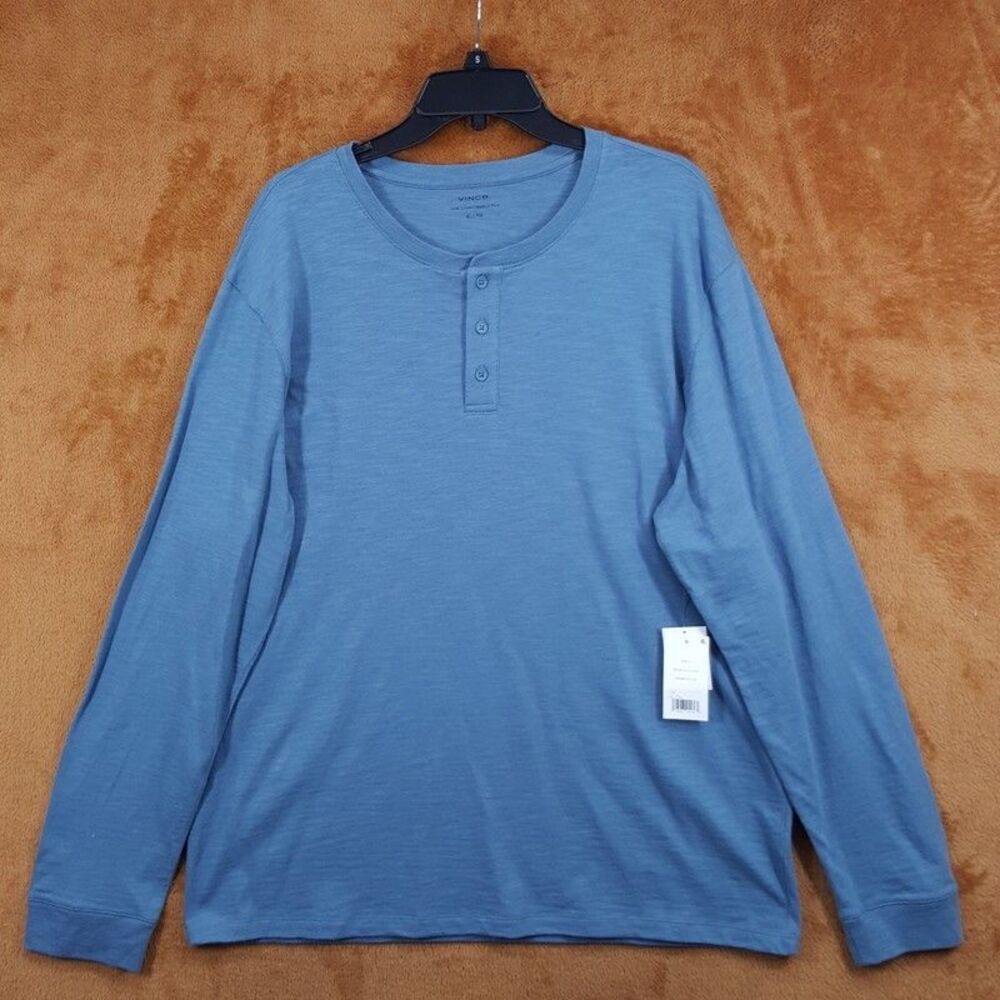 VINCE Shirt Mens XL Blue Pullover Henley 100% Cotton Slub Long Sleeve $110